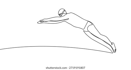 Uma única linha contínua de um nadador está pulando na piscina. ilustração em arte de linha simples.