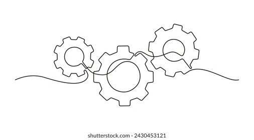 Single continuous line symbol of machine wheel gears vector illustration. Cogwheel one line contour drawing business teamwork concept. Design for poster, card, label, company logotype