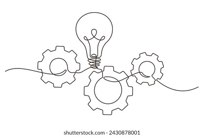 Single continuous line symbol of machine wheel gears and light bulb vector illustration. Cogwheel one line contour drawing business teamwork concept. Design for poster, card, label, company 