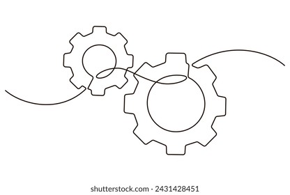 Single continuous line symbol of machine wheel gears vector illustration. Cogwheel one line contour drawing business teamwork concept. Design for poster, card, label, company 