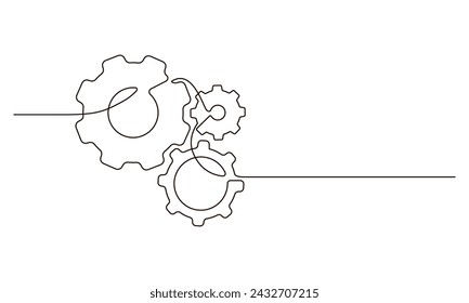 Single continuous line symbol of machine wheel gears vector illustration. Cogwheel one line contour drawing business teamwork concept. Design for poster, card, label, company 