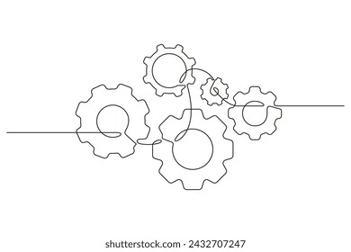 Single continuous line symbol of machine wheel gears vector illustration. Cogwheel one line contour drawing business teamwork concept. Design for poster, card, label, company 