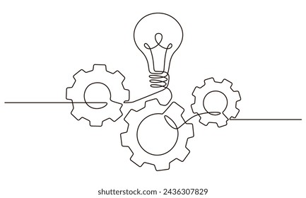Single continuous line symbol of machine wheel gears and light bulb vector illustration. Cogwheel one line contour drawing business teamwork concept. Design for poster, card, label, company 