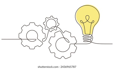 Símbolo de línea continua única de engranajes de rueda de máquina e ilustración vectorial de bombilla. Concepto de trabajo en equipo de negocios de dibujo de contorno de una línea Cogwheel. Diseño para póster, tarjeta, etiqueta, empresa 