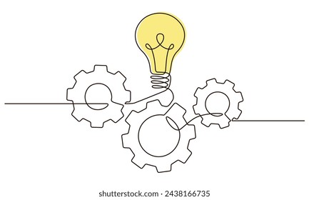 Single continuous line symbol of machine wheel gears and light bulb vector illustration. Cogwheel one line contour drawing business teamwork concept. Design for poster, card, label, company 