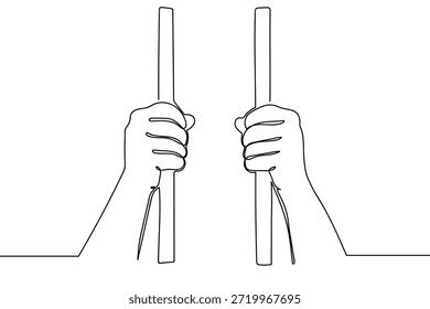 A single, continuous line of two hands is gripping the bars of the prison cell. Minimalist.