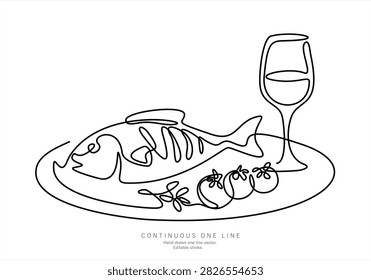 Single continuous line vector of baked fish on a plate with cherry tomatoes, rosemary and wine glass, gourmet dining concept, editable EPS