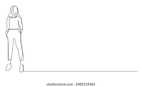 single continuous line of woman standing and facing side.one line vector illustration.isolated white background