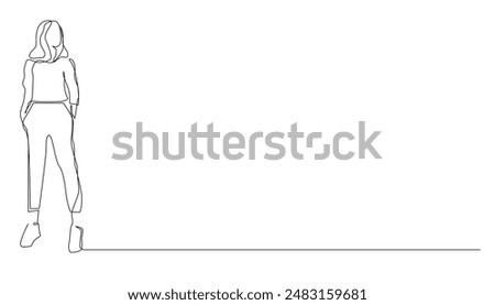 single continuous line of woman standing and facing side.one line vector illustration.isolated white background