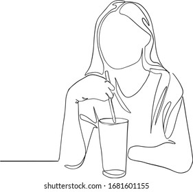 Single continuous line young female   over drink coffee during office break. Rest break at work concept one line draw design illustration. woman sitting and drinking with a straw illustration drawing
