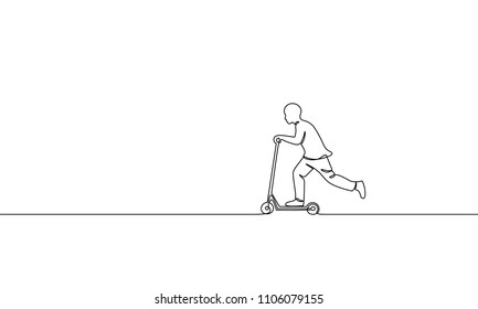 Single continuous one line art boy riding scooter. Kids sport activity hobby holiday school recreation fun concept childhood outdoor design sketch outline drawing vector illustration