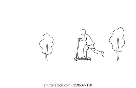 Single continuous one line art boy riding scooter. Kids sport activity hobby holiday school recreation fun concept childhood outdoor park trees design sketch outline drawing vector illustration