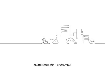 Single continuous one line art city building riding scooter. Architecture construction house urban apartment cityscape concept design sketch outline drawing vector illustration