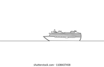 Single Continuous One Line Art Ocean Travel Vacation. Sea Voyage Holiday Tropical Island Ship Liner Cruise Journey Concept Design Sketch Outline Drawing Vector Illustration