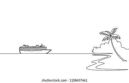 Single Continuous One Line Art Ocean Travel Vacation. Sea Voyage Holiday Tropical Island Ship Liner Cruise Journey Concept Design Sketch Outline Drawing Vector Illustration