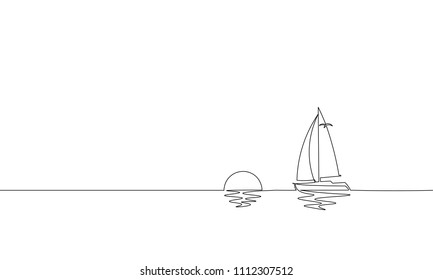 Single continuous one line art sunny ocean travel vacation. Sea voyage sunrise holiday tropical island ship yacht luxury journey sunset concept design sketch outline drawing vector illustration