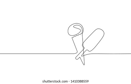 Single continuous one line art ice-cream dessert. Frozen waffle scoop cream cone concept design sketch outline drawing vector illustration