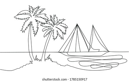 Single continuous one line art ocean travel vacation. Sea voyage holiday tropical island ship yacht luxury island palm tree journey concept design sketch outline drawing