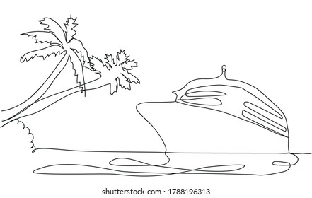Single continuous one line art ocean travel vacation. Sea voyage holiday tropical island ship yacht luxury island palm tree journey concept design sketch outline drawing
