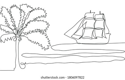 Single continuous one line art ocean travel vacation. Sea voyage holiday tropical island ship yacht luxury island palm tree journey concept design sketch outline drawing