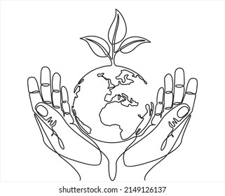 Single continuous one line art growing sprout. Plant leaves grow planet Earth seedling eco natural concept design sketch drawing vector illustration art