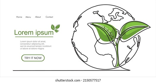 Un brote de arte de una sola línea continuo. Las hojas de la planta crecen planeta Seedling Tierra ecológicamente concepto natural diseño dibujo ilustración vectorial arte