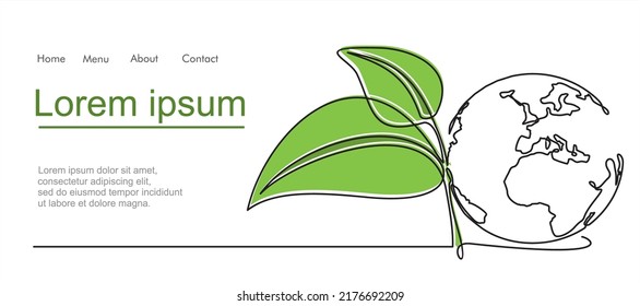 Un brote de arte de una sola línea continuo. Las hojas de la planta crecen planeta Seedling Tierra ecológicamente concepto natural diseño dibujo ilustración vectorial arte