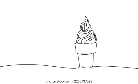 Single continuous one line art ice-cream dessert. Frozen waffle scoop cream cone concept design sketch outline drawing vector illustration