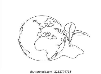 Single continuous one line art growing sprout. Plant leaves grow planet Earth seedling eco natural concept design sketch drawing vector illustration art