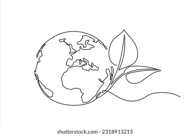 Un brote de arte de una sola línea continuo. Las hojas de la planta crecen planeta Seedling Tierra ecológicamente concepto natural diseño dibujo ilustración vectorial arte