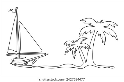 Single continuous one line art ocean travel vacation. Sea voyage holiday tropical island ship yacht luxury island palm tree journey concept