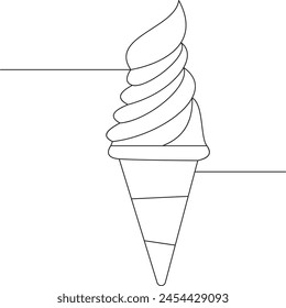 Single continuous one line art ice-cream dessert. Frozen waffle scoop cream cone concept design sketch outline drawing vector.