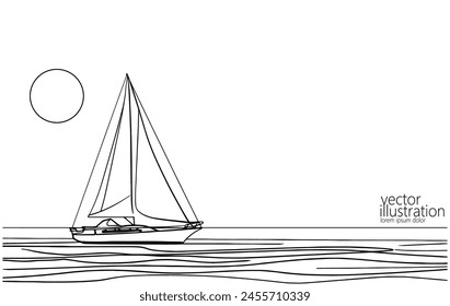  Single continuous one line art ocean travel vacation. Sea voyage holiday tropical island ship yacht luxury journey concept design sketch outline drawing vector illustration