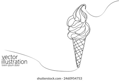  Single continuous one line art ice-cream dessert. Frozen waffle scoop cream cone concept design sketch outline drawing vector illustration