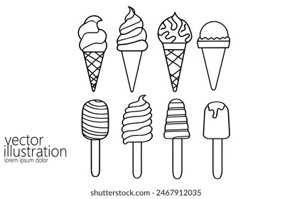 Single continuous one line art ice-cream dessert. Frozen waffle scoop cream popsicle bar cone concept design sketch outline drawing vector illustration