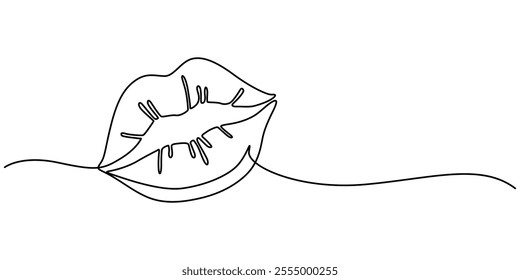 Single continuous one line art female lips. Beauty salon woman girl smile concept design sketch outline drawing vector illustration, Woman Lips Continuous Line Art Illustration, Vector lips continuous