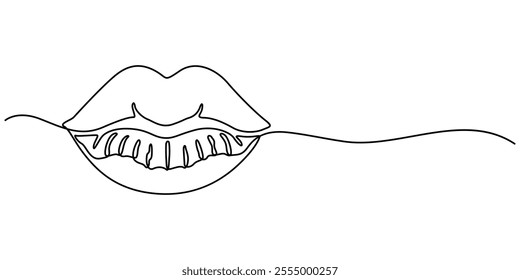 Single continuous one line art female lips. Beauty salon woman girl smile concept design sketch outline drawing vector illustration, Woman Lips Continuous Line Art Illustration, Vector lips continuous