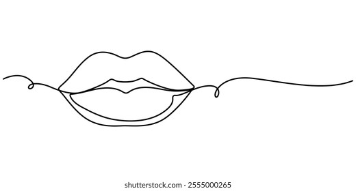 Single continuous one line art female lips. Beauty salon woman girl smile concept design sketch outline drawing vector illustration, Woman Lips Continuous Line Art Illustration, Vector lips continuous