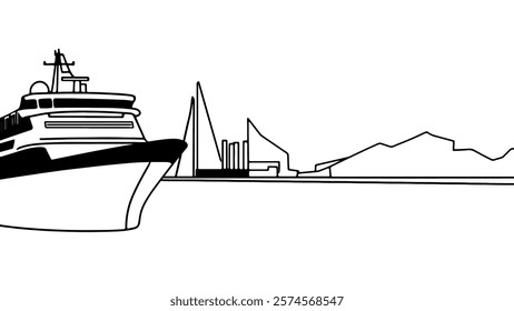 Single continuous one line art ocean travel vacation. Sea voyage holiday tropical island ship liner cruise journey concept design sketch outline drawing vector illustration