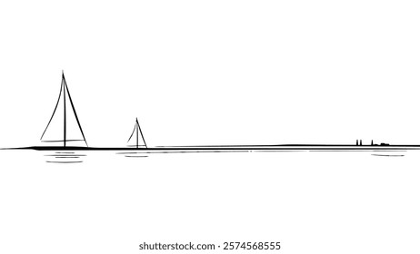 Single continuous one line art ocean travel vacation. Sea voyage holiday tropical island ship yacht luxury journey concept design sketch outline drawing vector illustration