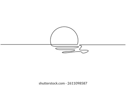 Single continuous one line art sunny ocean view. Sea voyage sunrise, One continuous line drawing of sunny ocean view. Hot temperature and summer sea travel symbol in simple linear style.