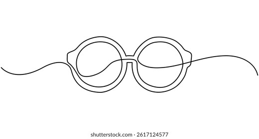 Single continuous one line art sunglasses. Sea voyage holiday tropical journey concept. Design sketch outline drawing vector illustration, Sunglasses classic. Glasses for sun protection.One continuous
