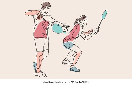 Single continuous one line drawing of mixed doubles badminton team. Sport exercise concept. Trendy one line draw design vector illustration for badminton tournament publication