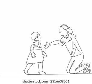 Single continuous one line drawing joyful little girl meeting mother. parent family day. Daughter running to hug mom. One line design vector illustration