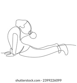 Single continuous one line drawing girl lying in yoga pose in athletics competitions. Little girl doing a gymnastic exercise while lying down. Vector illustration