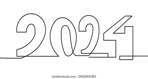 Grabado de una sola línea continua de 2024, Texto de dibujo de línea continua para la tarjeta de saludo de Año Nuevo, banner, Pamflet, diseño de calendario. Ilustración del vector