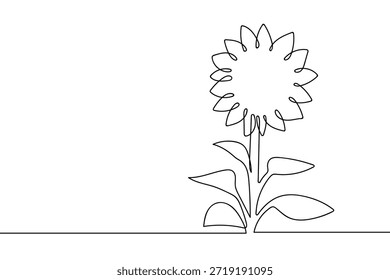 Una sola hebra continua de tallo de girasol, una flor de girasol. Esquema de arte de línea. Ilustración vectorial.