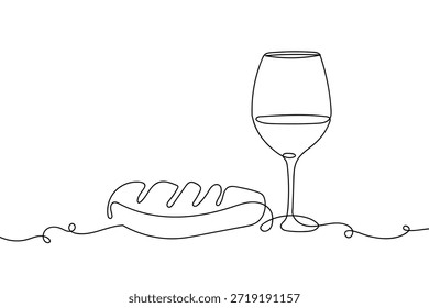 Uma única tira contínua de bife tem uma taça de vinho ao seu lado. Desenho de linha única
