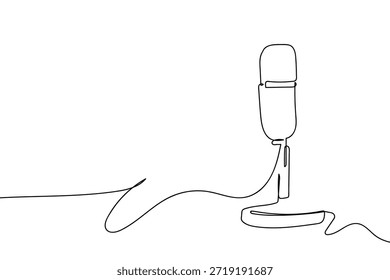 A single, continuous wire holds a microphone on a stand placed on a table. one line drawn. linear concept.
