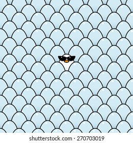 Single Cool White Chick Wearing Ladies Retro Style Sunglasses Surrounded by Identical Blue Eggs